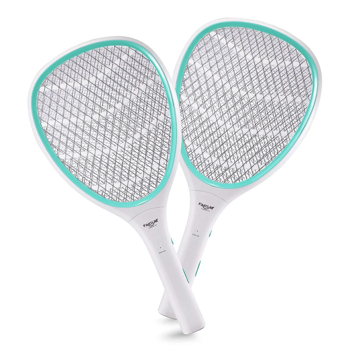 Two yellow plastic electric fly-swat rackets with three-layer safety mesh, battery powered