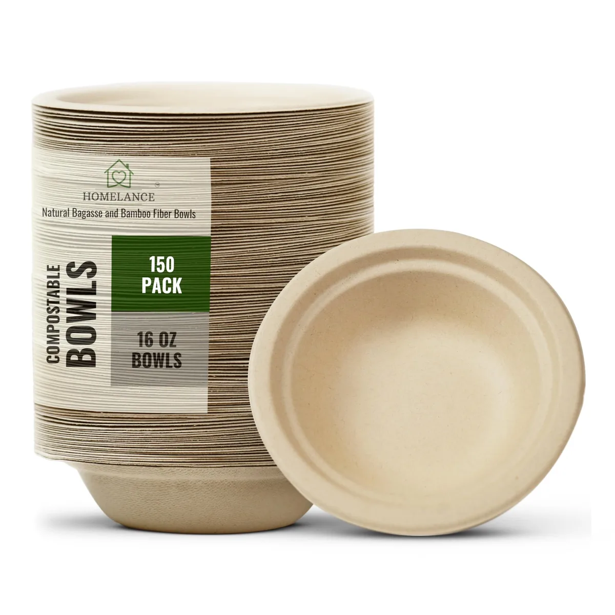 Pack of 150 round 16 oz compostable bowls in natural tan bamboo and bagasse