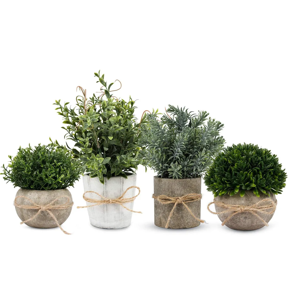 Four small artificial plants in white pulp pots with jute bows, varying leaf styles, 9.5" tall, 6.5" spread