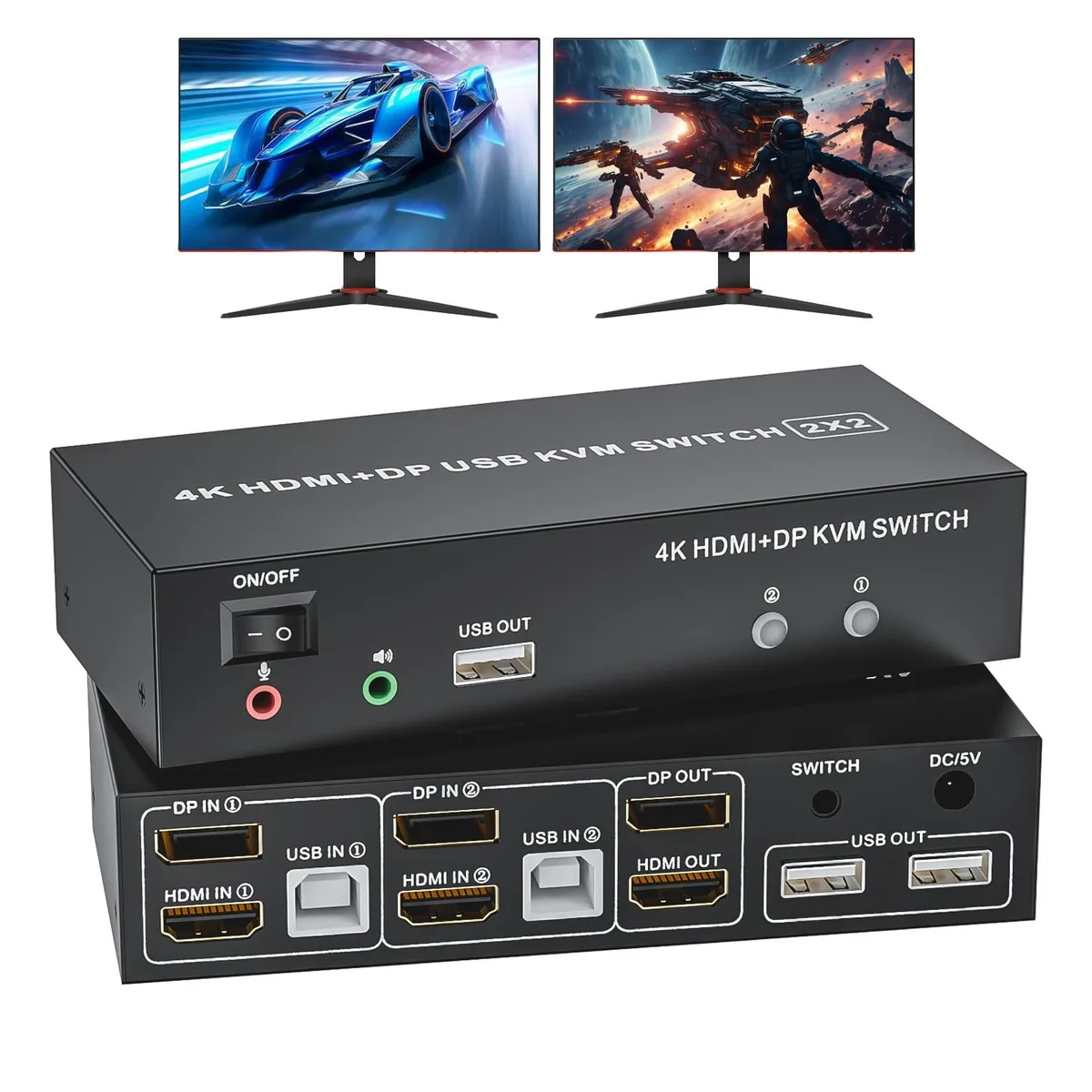 Vszerda Vszerda KVM Switch 2-Port Dual Monitor 4K@60Hz HDMI DP USB 2.0 Audio — product photo