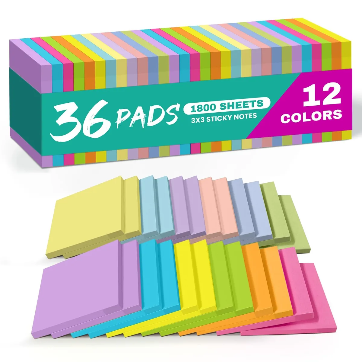 Stack of 36 square sticky-note pads, bright multicolour paper, 3×3 inch sheets