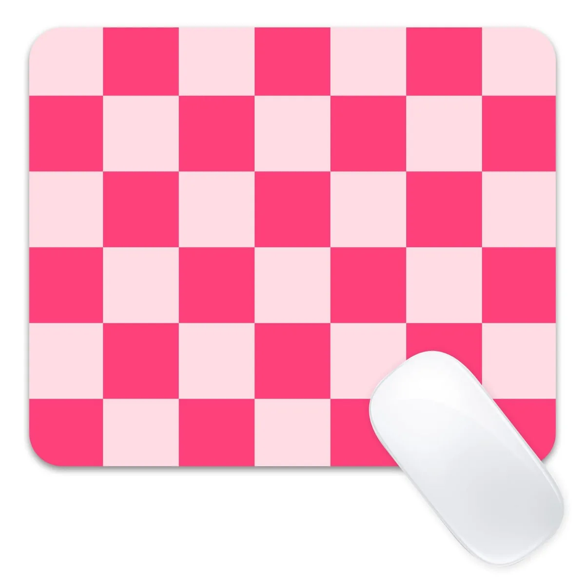 Small pink plaid mouse pad with non-slip base, 9.5 by 8 inches