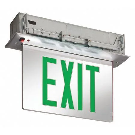 Recessed silver exit sign with two green LED faces