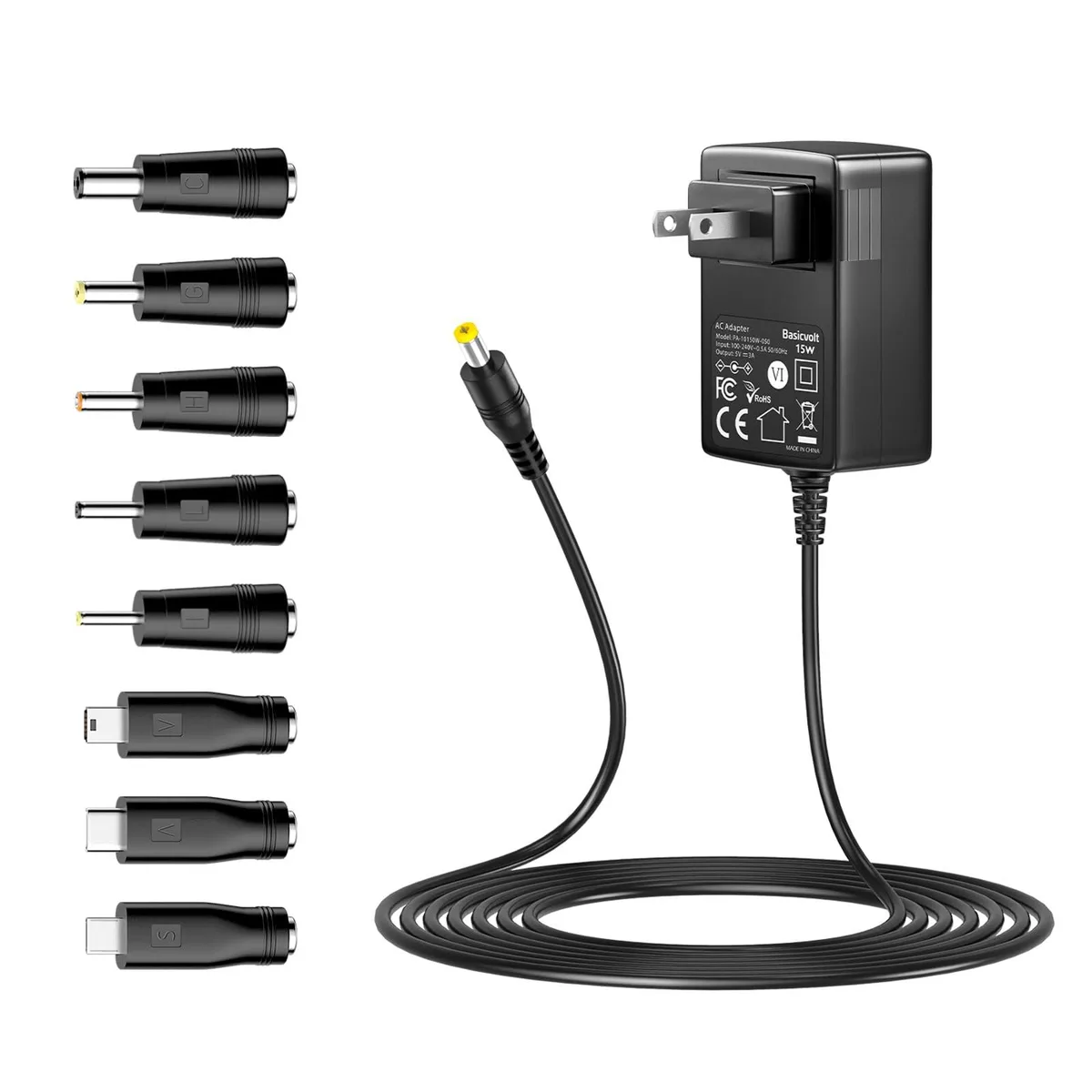 Black Dell DH112257 power adapter with US plug, 5-foot cord and nine interchangeable tips