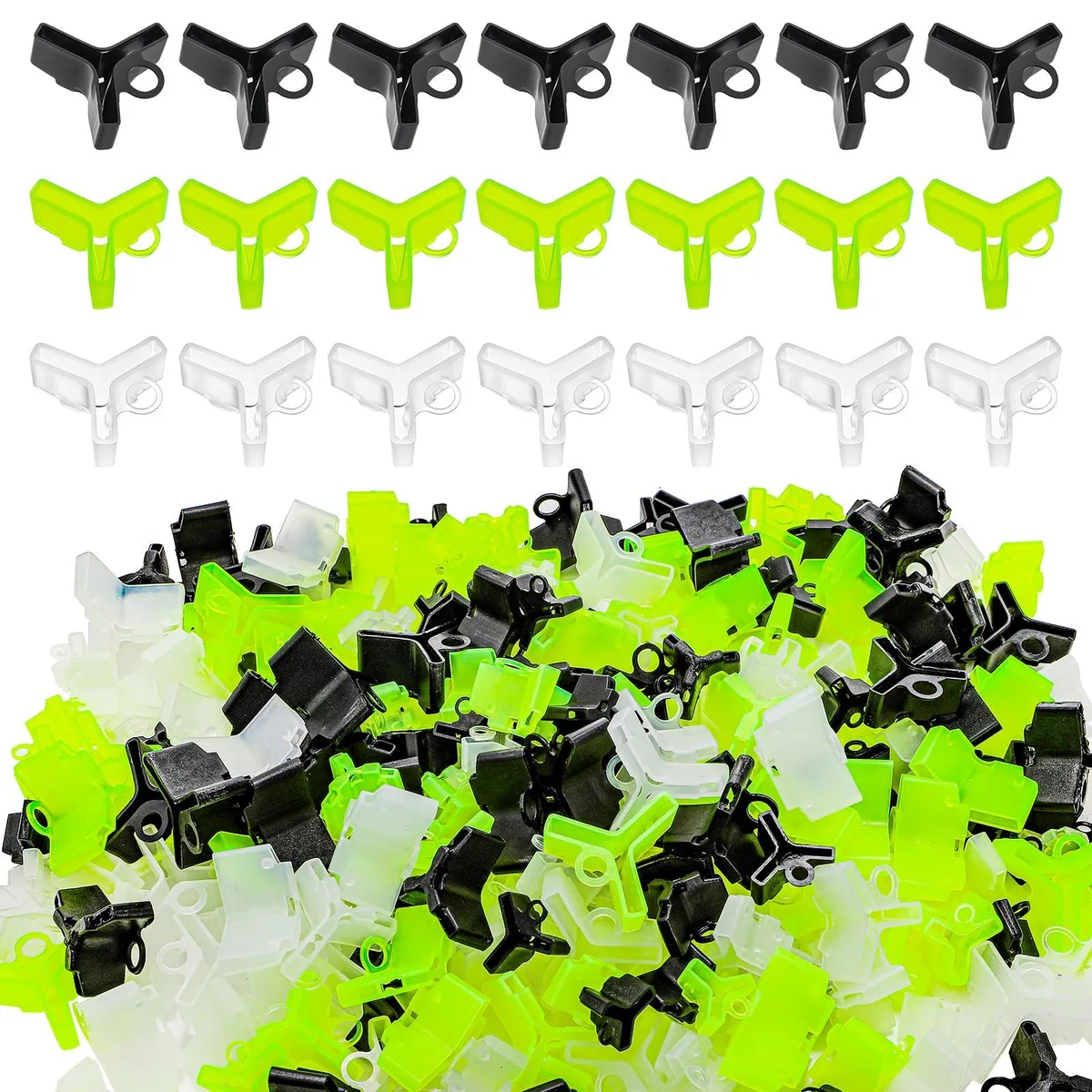 Clear plastic treble hook covers in white, green and black, assorted sizes, bulk pack