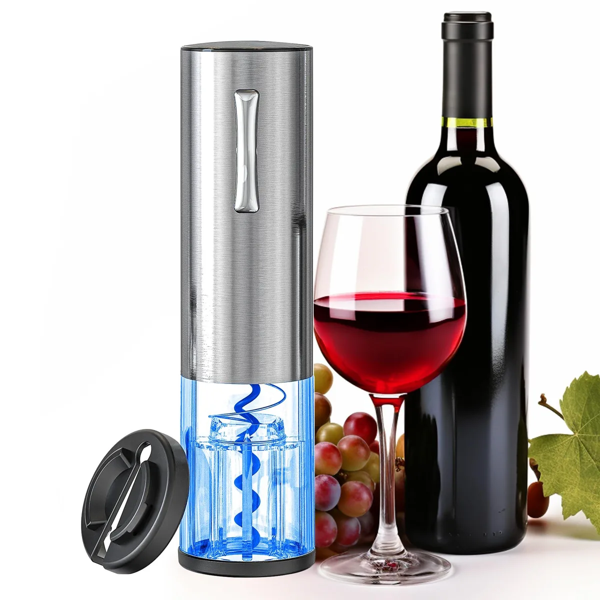 Silver electric wine opener with foil cutter and stopper, polished stainless steel finish