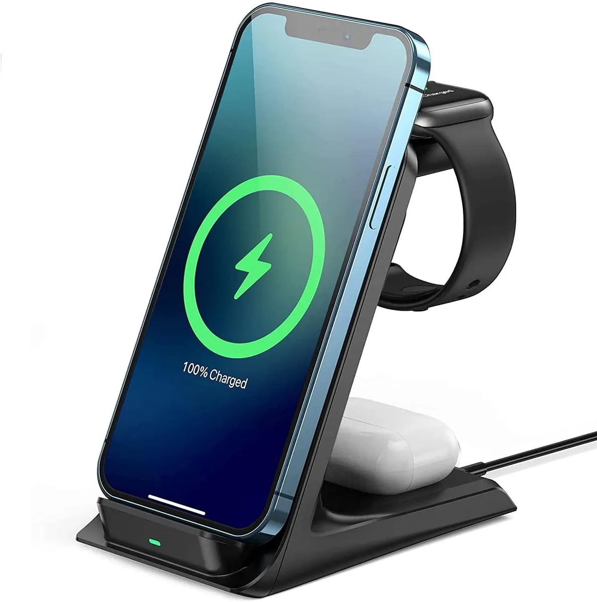 Black wireless charging stand with phone, watch and earbud cradles