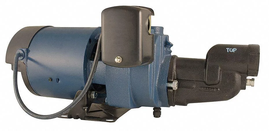 Blue painted shallow well jet pump with pressure switch and ejector attached