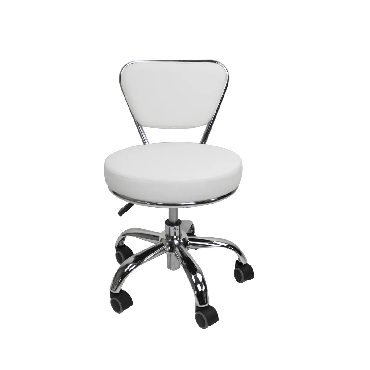 White padded salon stool with chrome base and five casters, adjustable height 13 to 15 inches