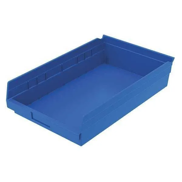 Blue plastic shelf storage bin with molded label areas