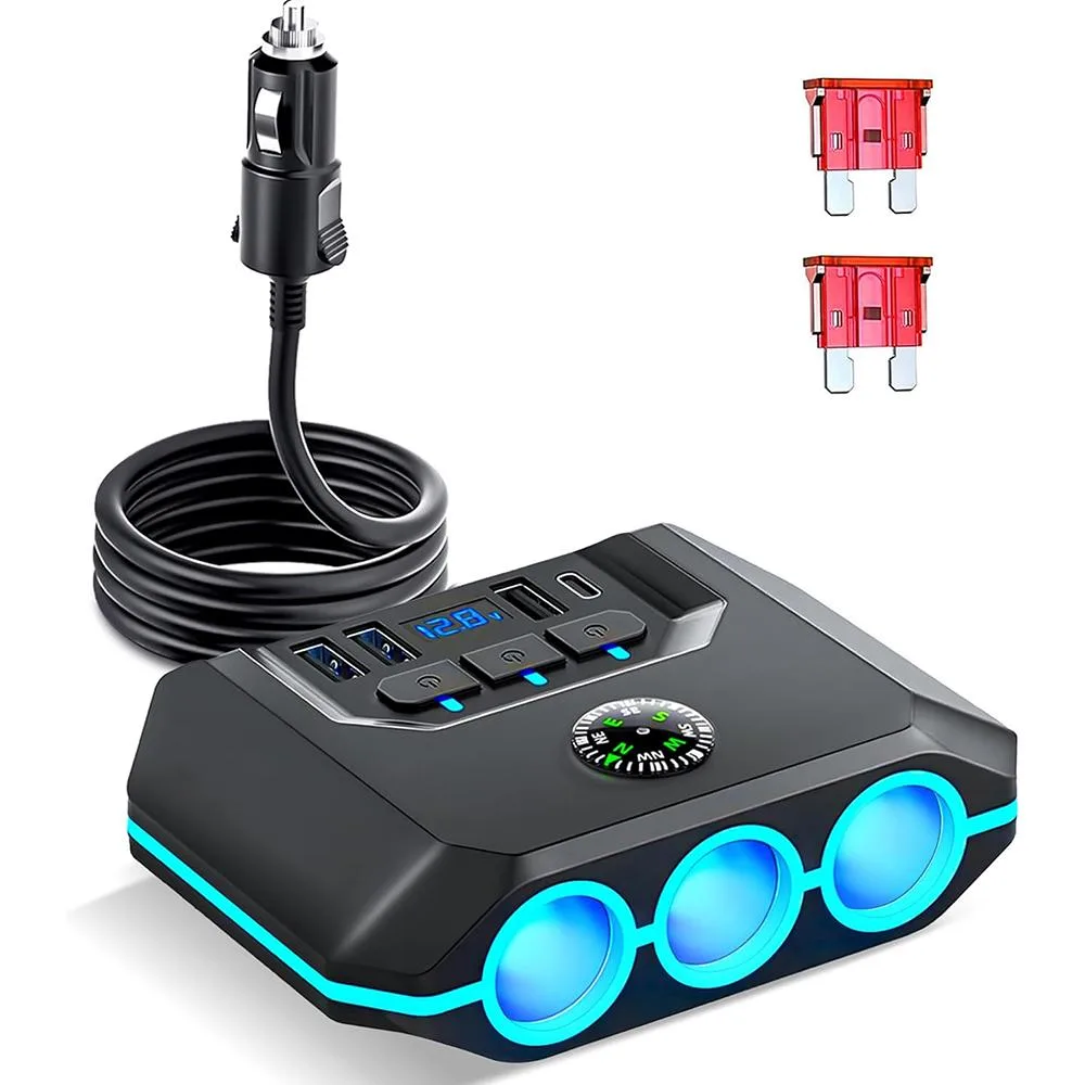 Hitoor Hitoor TR52 car electronics accessory 120W 7-in-1 splitter 3×18W USB 1×12W PD 3×80W sockets 12-24V 33" cord — product photo