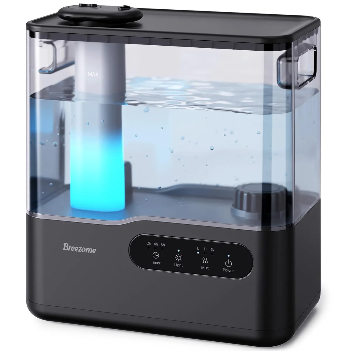 Black rectangular plastic humidifier with round mirror top, white and ebony finish, 5.98 by 10.24 by 11.42 inches