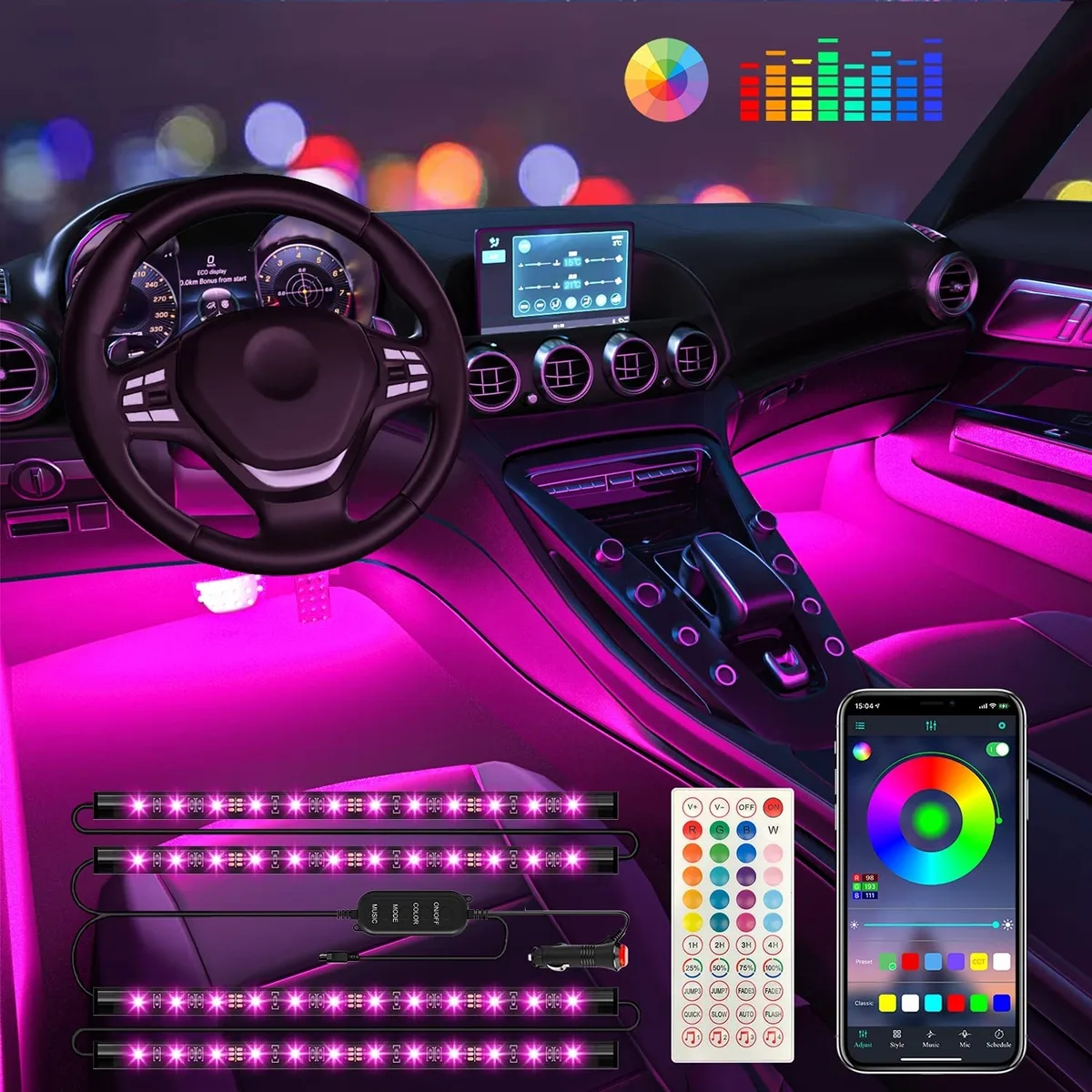 Hotai Hotai Interior LED Light Kit 44-Button Remote APP Music Sync 12V 2A — product photo