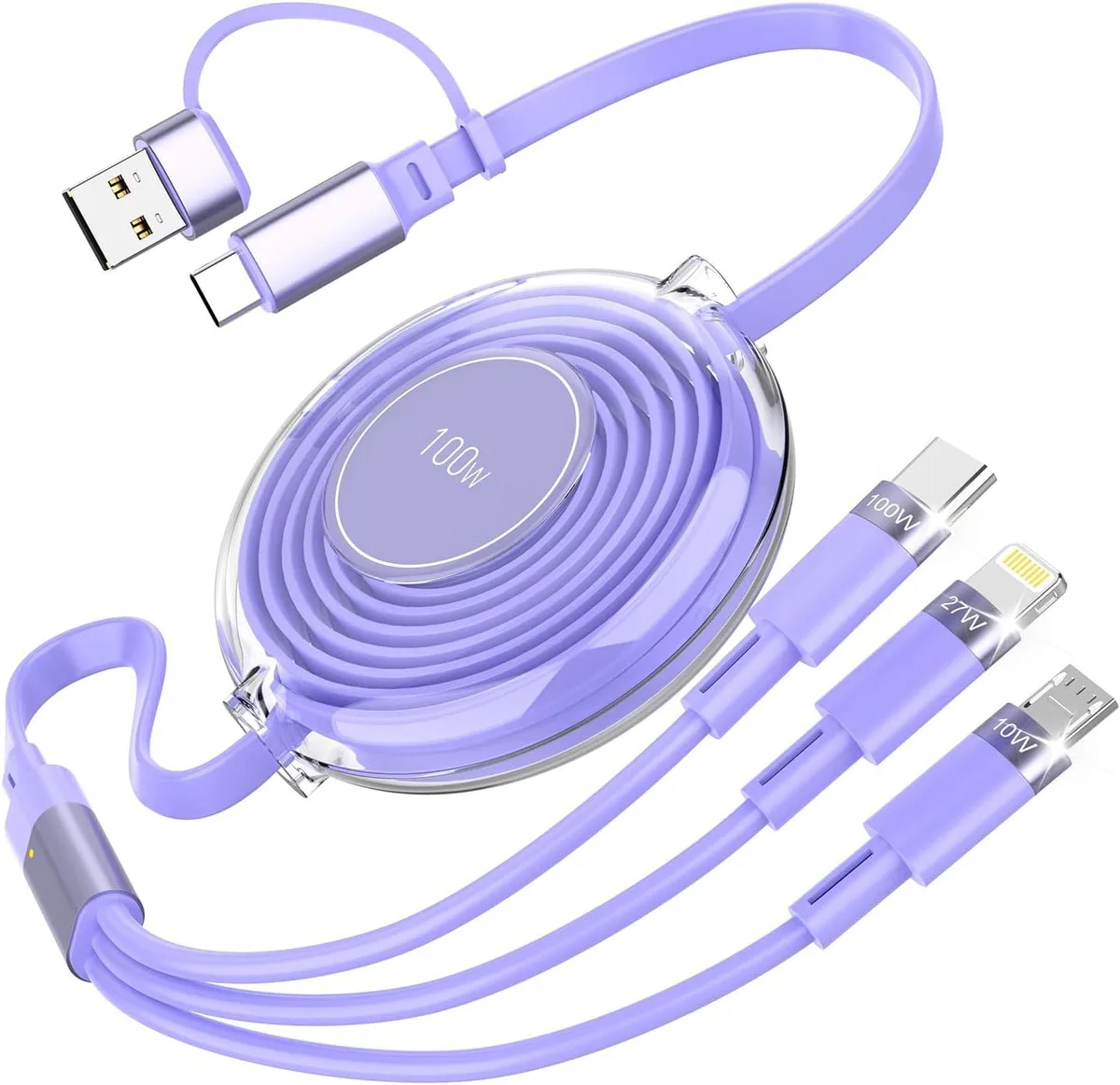 Mobee Mobee 3-in-1 Retractable Multi Charging Cable 100W USB-C/A to Lightning/USB-C/Micro USB Purple — product photo
