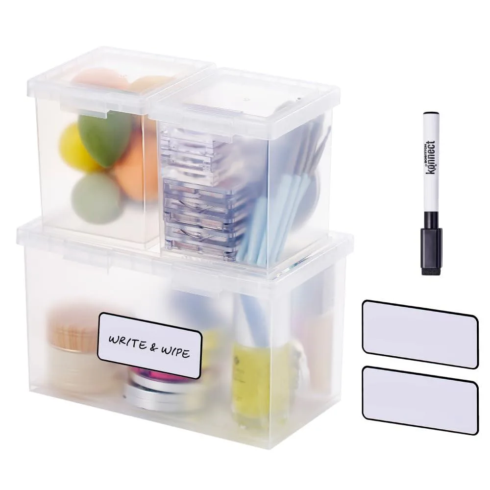Clear plastic storage boxes with attached hinged lids and clasps, one 1.5 quart and two 0.5 quart sizes, stackable design