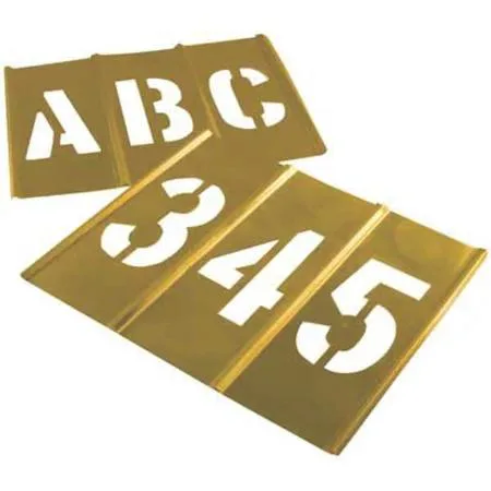 Brass stencil set with letters numbers and punctuation characters in flat metal sheets