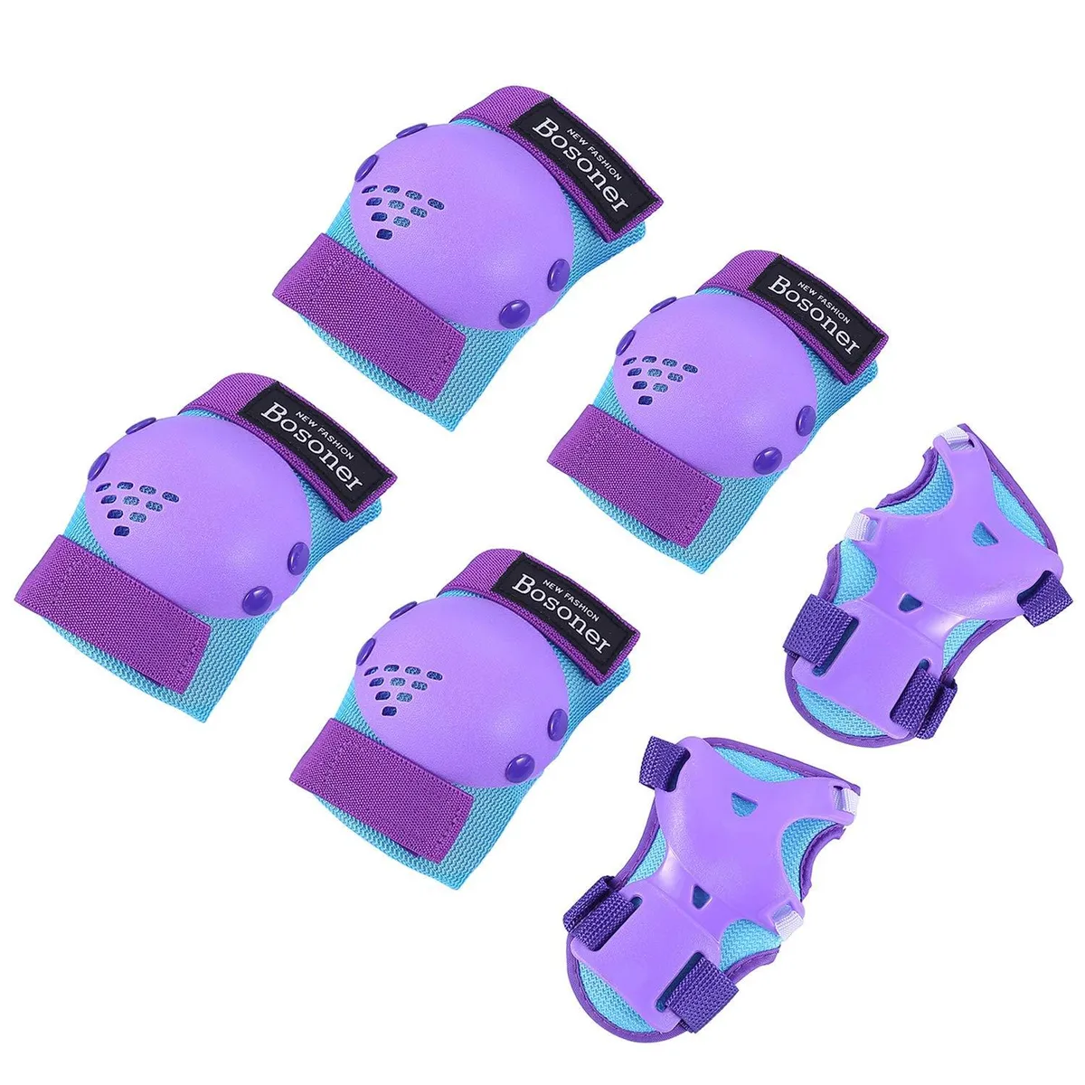 Blue youth protective gear set with knee, elbow and wrist pads in canvas bag