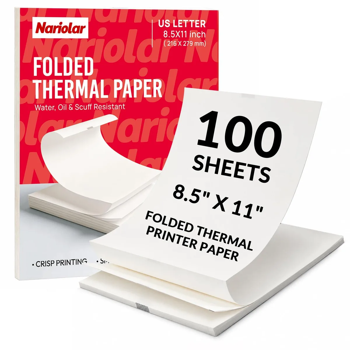 Pack of 100 glossy warm-white thermal sheets, 8.5 x 11 inches, folded in box