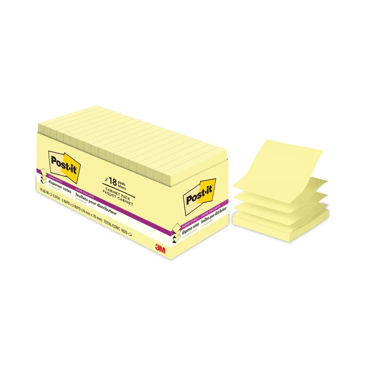 Yellow 3M Super Sticky Notes, 3 by 3 inches, cabinet pack of 18