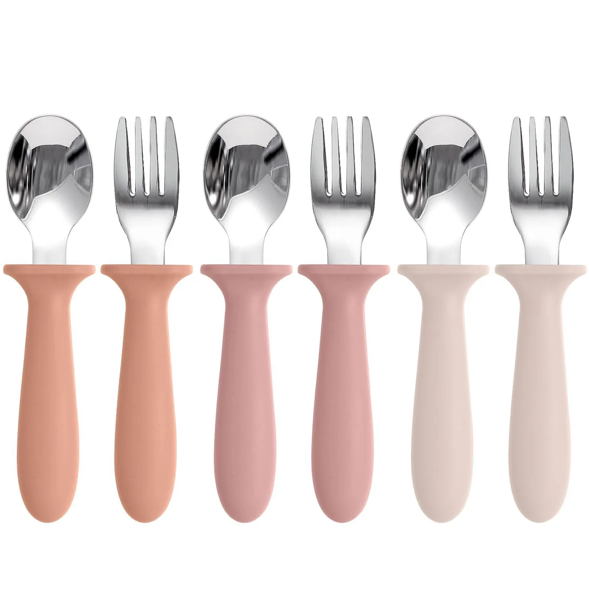 Six black toddler forks and spoons with thick silicone handles in a flat pack