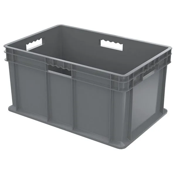 Grey rectangular plastic tote with straight walls and fork pockets, 20 gal capacity