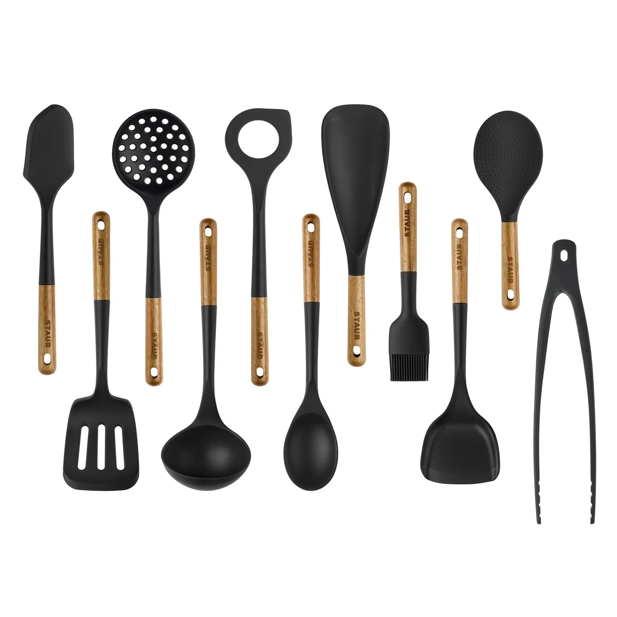 Eleven matte black silicone utensils with acacia wood handles and hanging loops