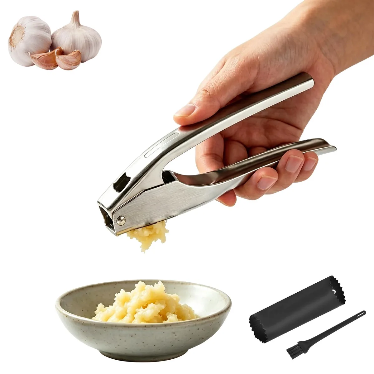  Garlic Press 304 Stainless Steel with Peeler Tube and Cleaning Brush — product photo