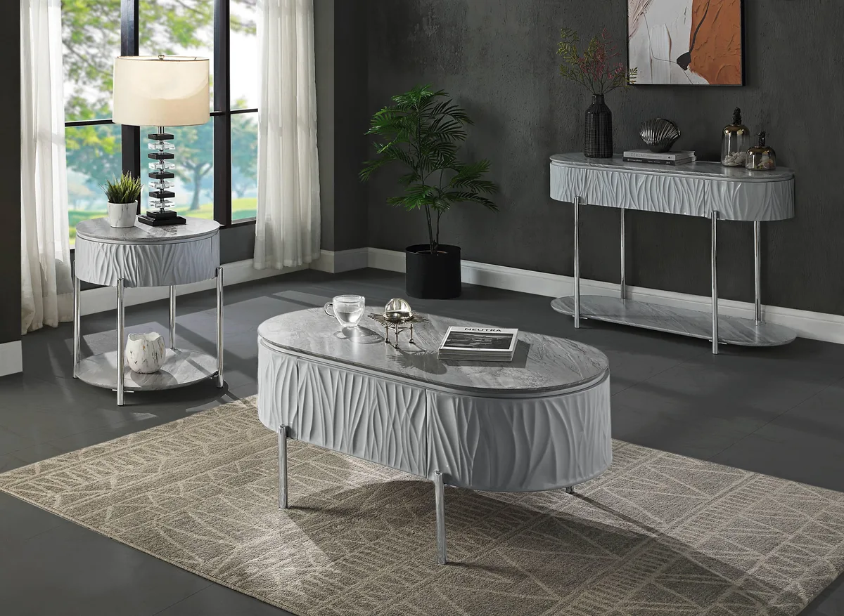 Gray high-gloss oval tabletop with chrome metal legs and a front drawer