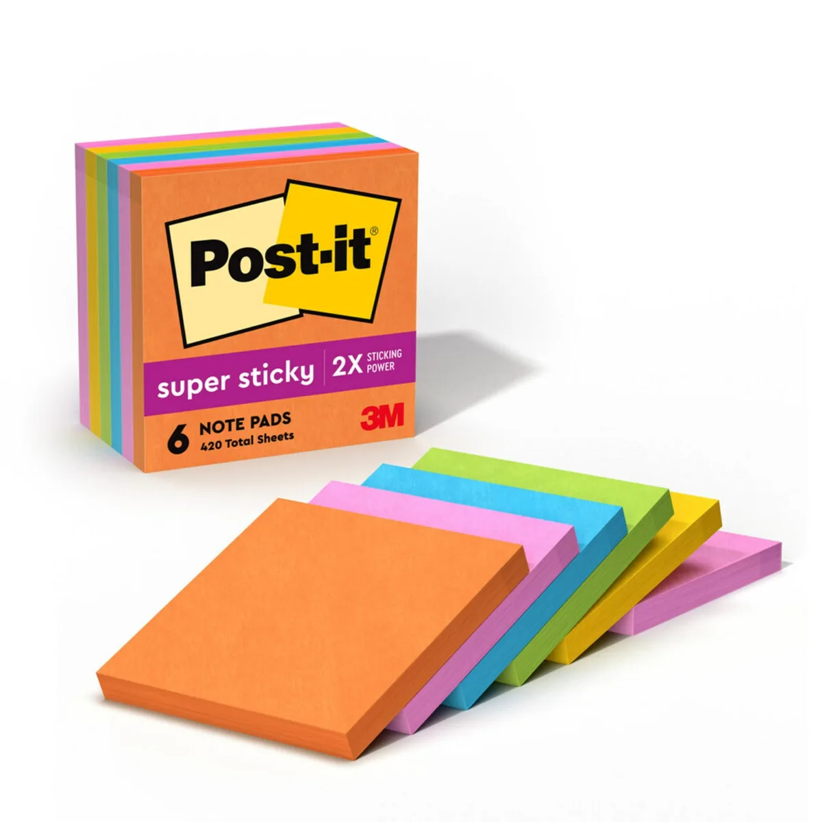 Six square pads of bright sticky notes in orange pink blue green stacked in a paperboard carton