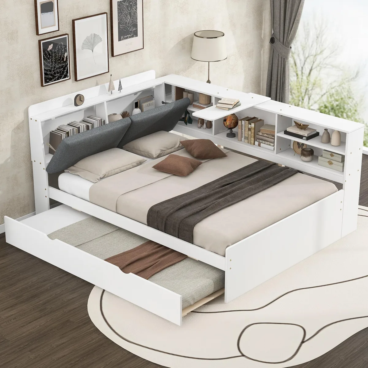 tuphen tuphen Wood Full Size Platform Bed with Trundle Shelves Storage Headboard White — product photo