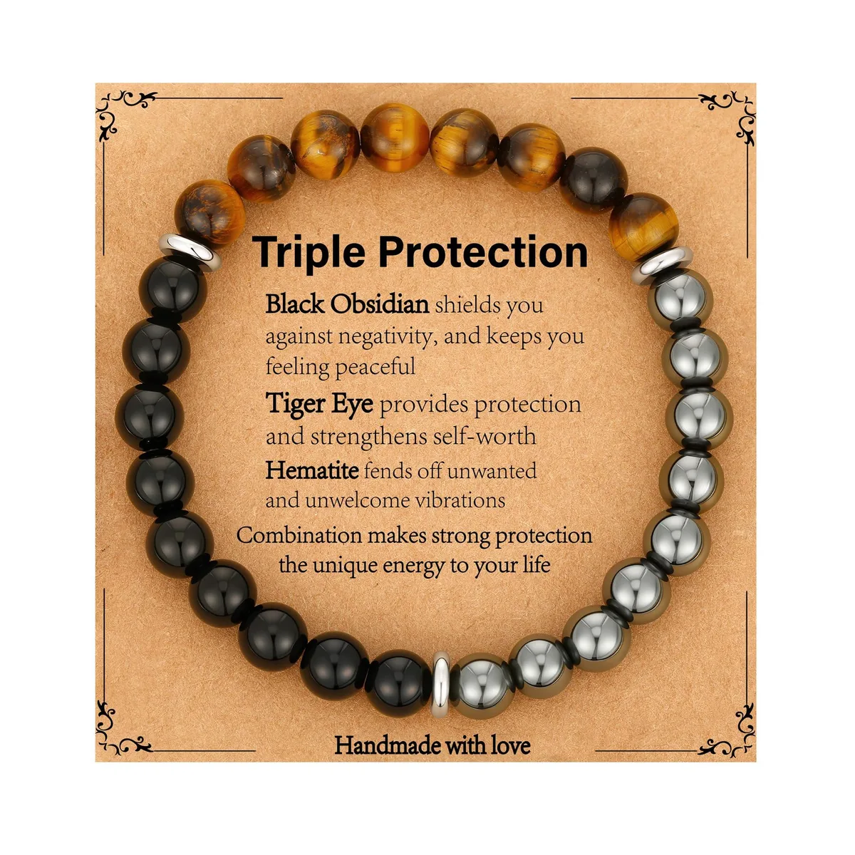 Triple protection beaded bracelet with 8mm hematite, tiger eye and black obsidian stones on elastic cord
