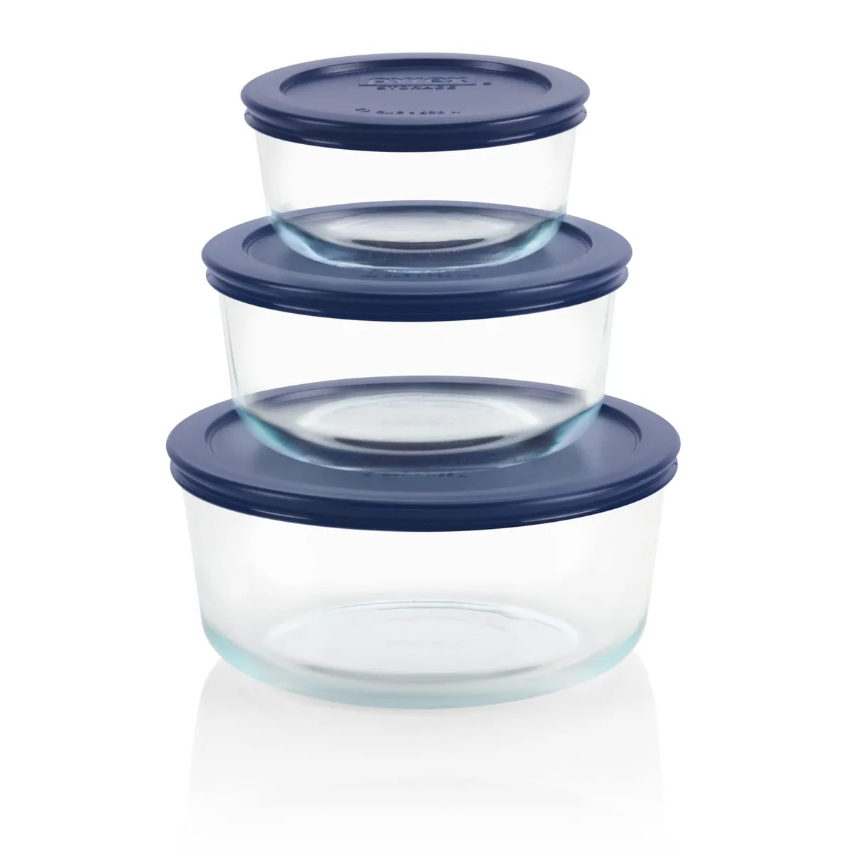 Three round clear glass containers with navy blue plastic lids, 2 4 and 7 cup sizes