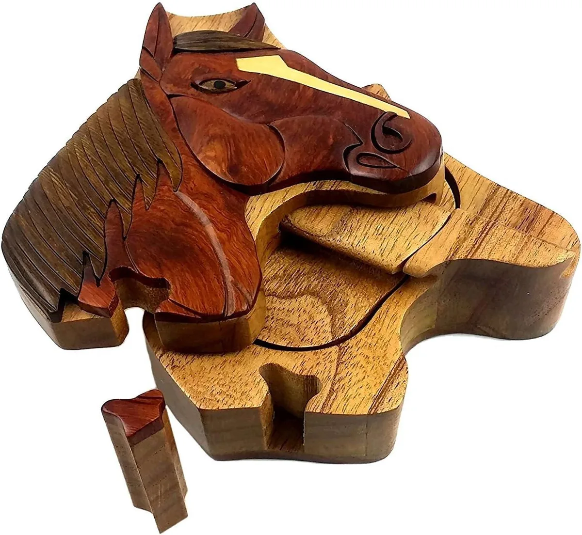 South Asian Handicrafts South Asian Handicrafts HorseHead Wood Intarsia Puzzle Box hobby collectible — product photo