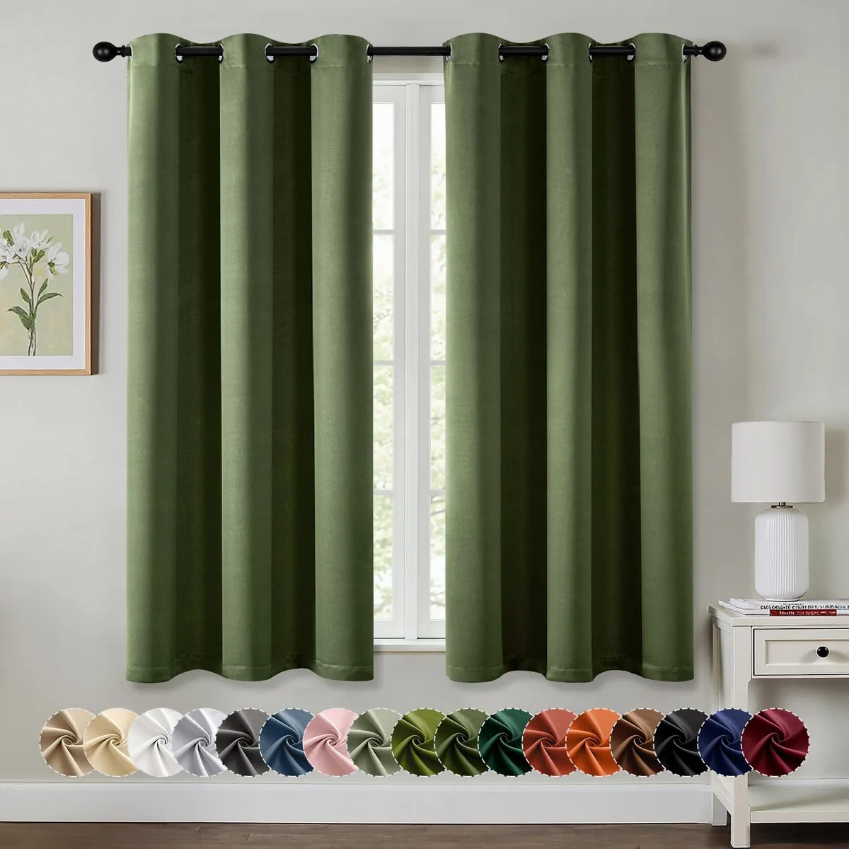 Two olive-green fabric curtain panels with silver grommets, each 40 by 63 inches
