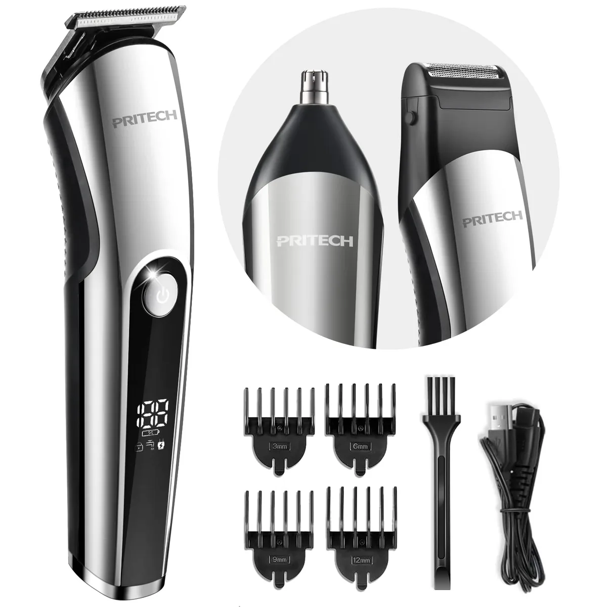 Silver grooming kit with three interchangeable heads and four guide combs