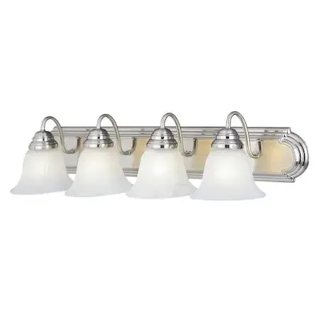 Satin nickel vanity light bar with four glass shades, 30 inches wide