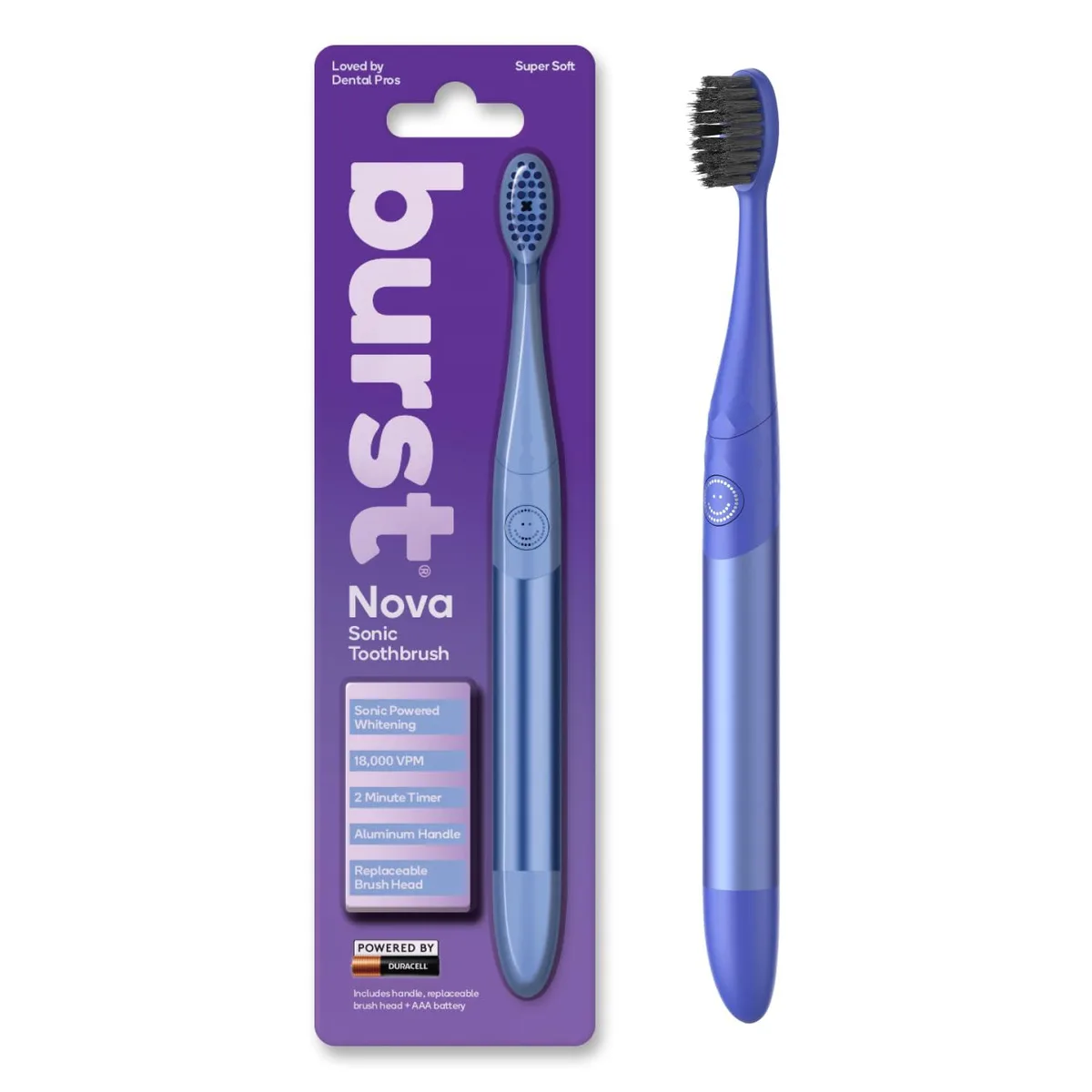 Blue aluminum sonic toothbrush with soft bristles and AAA battery