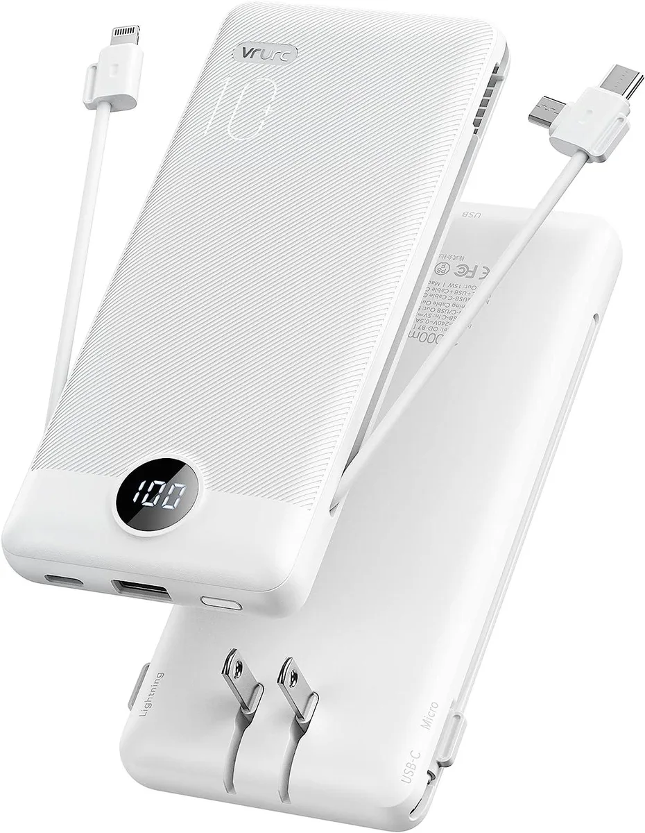 White rectangular power bank with built-in cables and fold-out AC plug, LED display visible