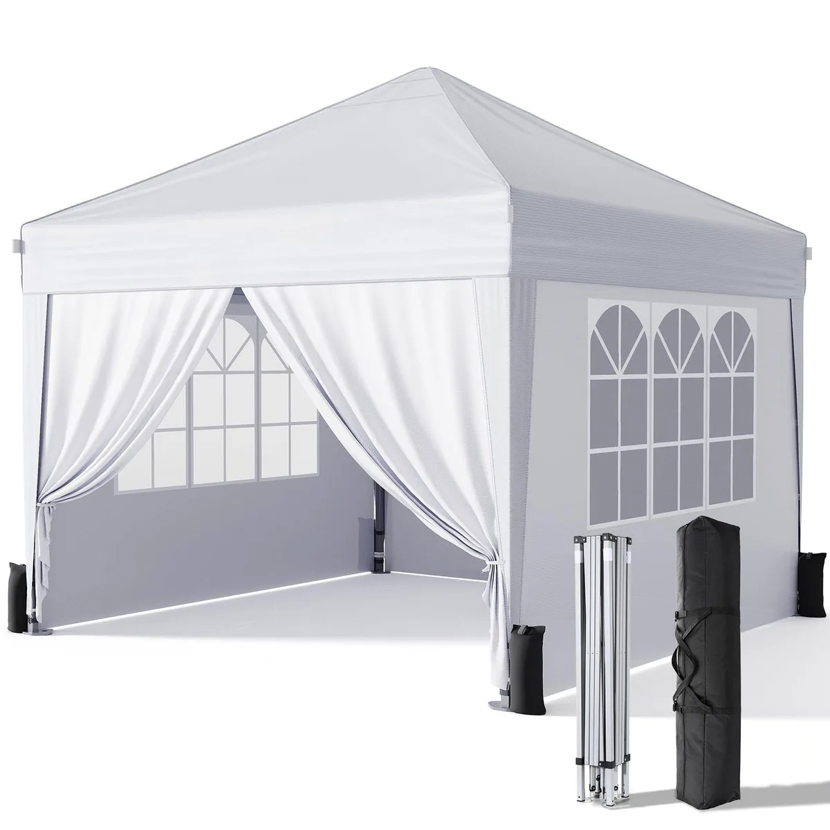Blue 10x10 pop-up canopy with silver-coated fabric, alloy steel frame and removable sidewalls in carry bag