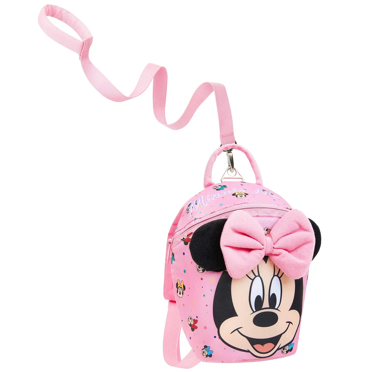 Pink Minnie Mouse toddler backpack with detachable safety harness and leash, soft polyester shell, 20 by 24 centimetres