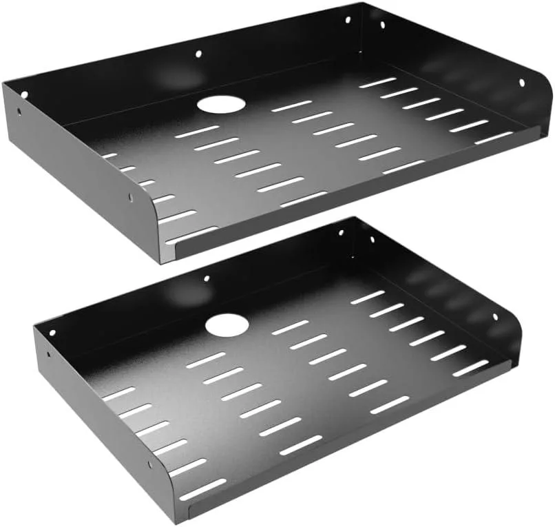 Two matte-black perforated steel wall shelves, 12 by 8 inches, each with a 1.38 inch cable hole