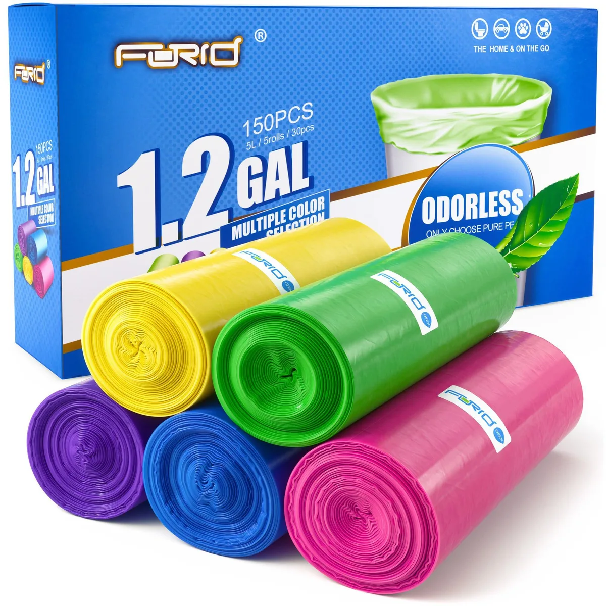 White box of 150 small 1.2 gal coloured trash bags