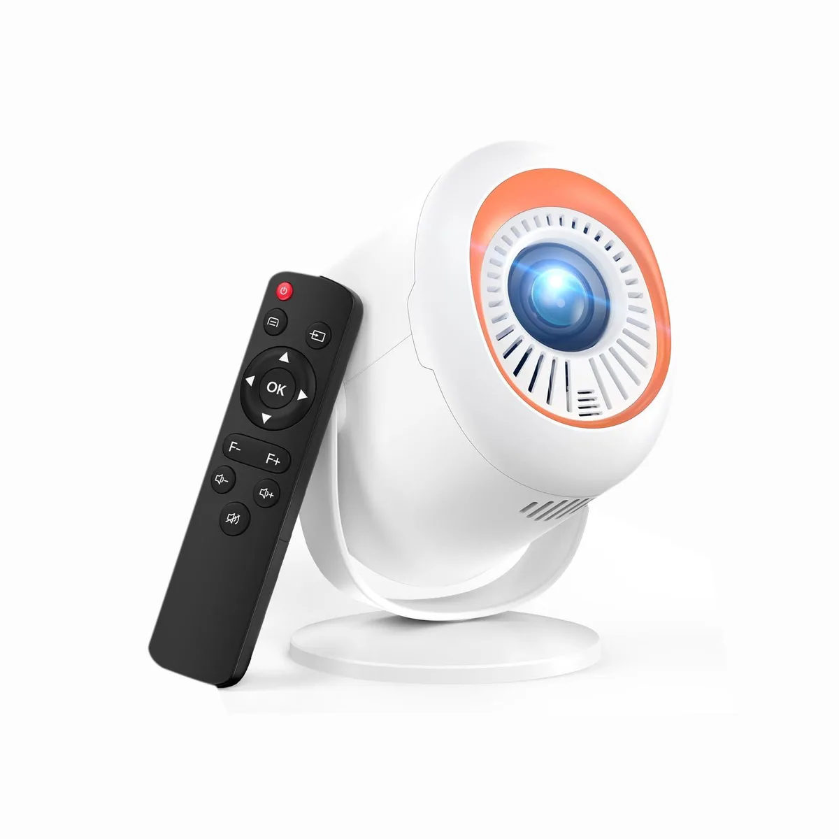 White rectangular mini projector with lens and HDMI port