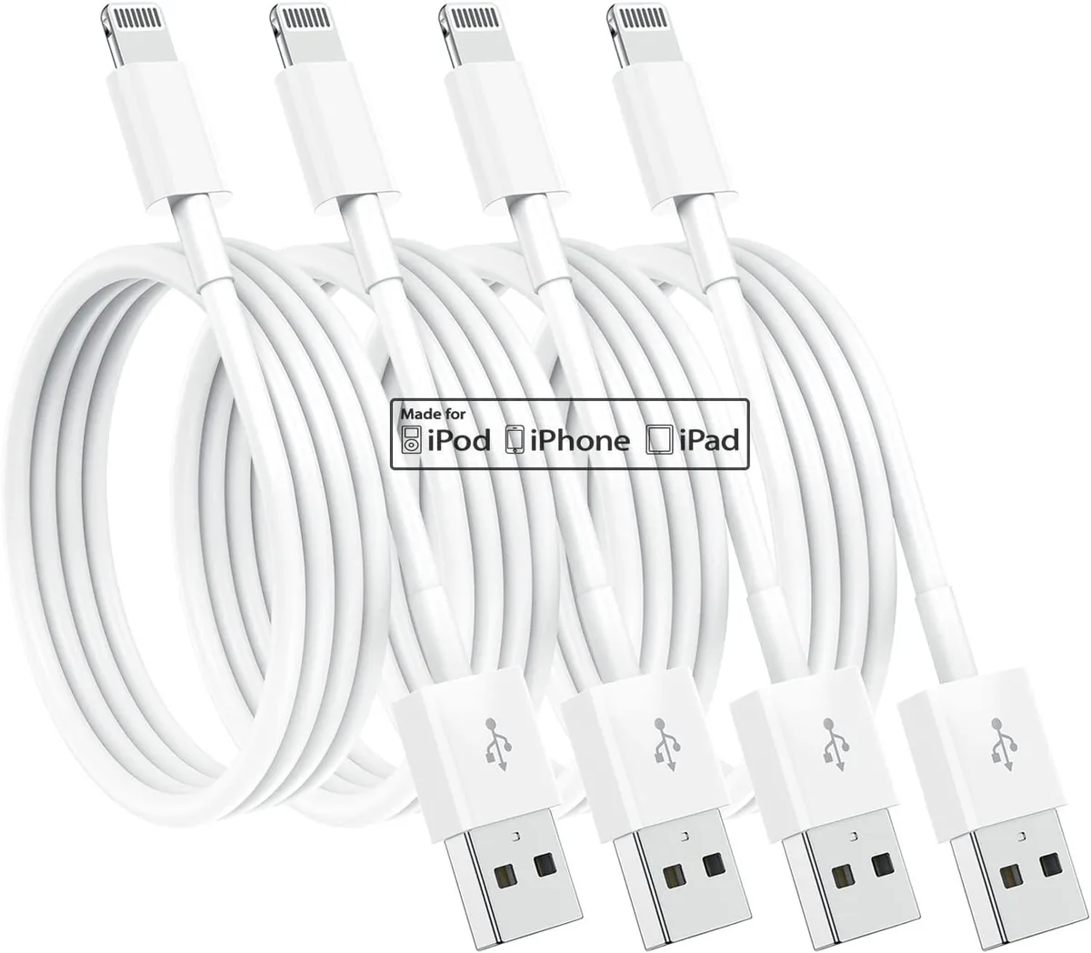 Four white Lightning cables coiled together, each three feet long
