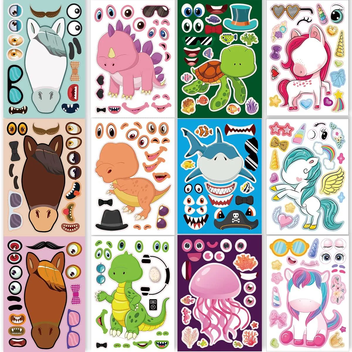 A roll of 24 white sticker sheets 8.27 by 5.9 inches with unicorn dinosaur horse and sea animal face parts