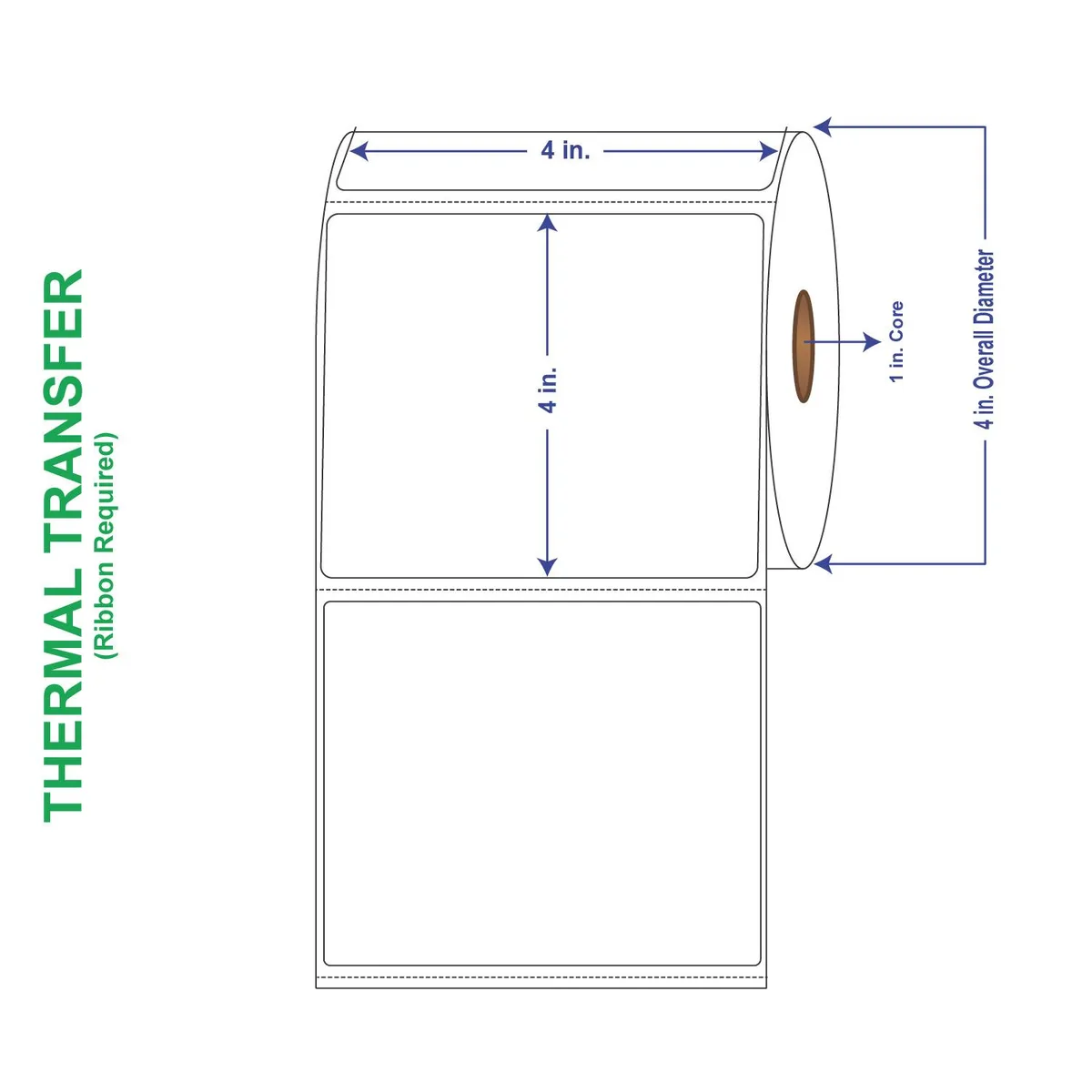 Four white perforated label rolls in a carton
