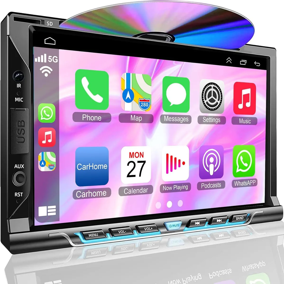 WUQ WUQ Double Din Car Stereo CD DVD CarPlay Android Auto 7 Inch Touchscreen Bluetooth 5.2 Backup Camera — product photo