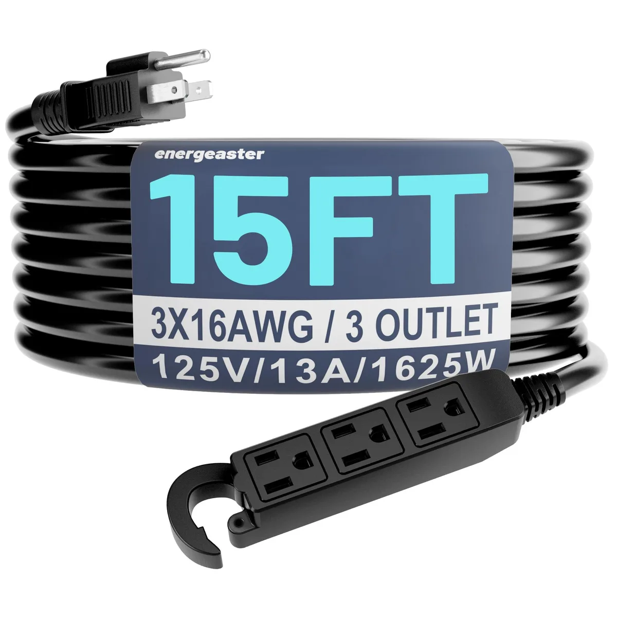  energeaster 15 ft 3 Outlet Extension Cord Black 13A 1625W 16AWG ETL — product photo
