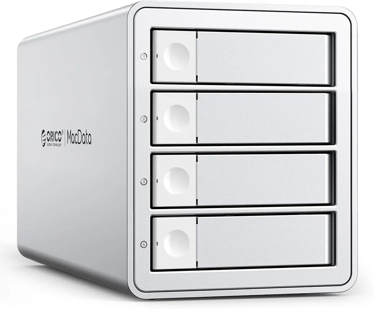 Silver aluminium four-bay RAID enclosure with front drive slots and cooling fan