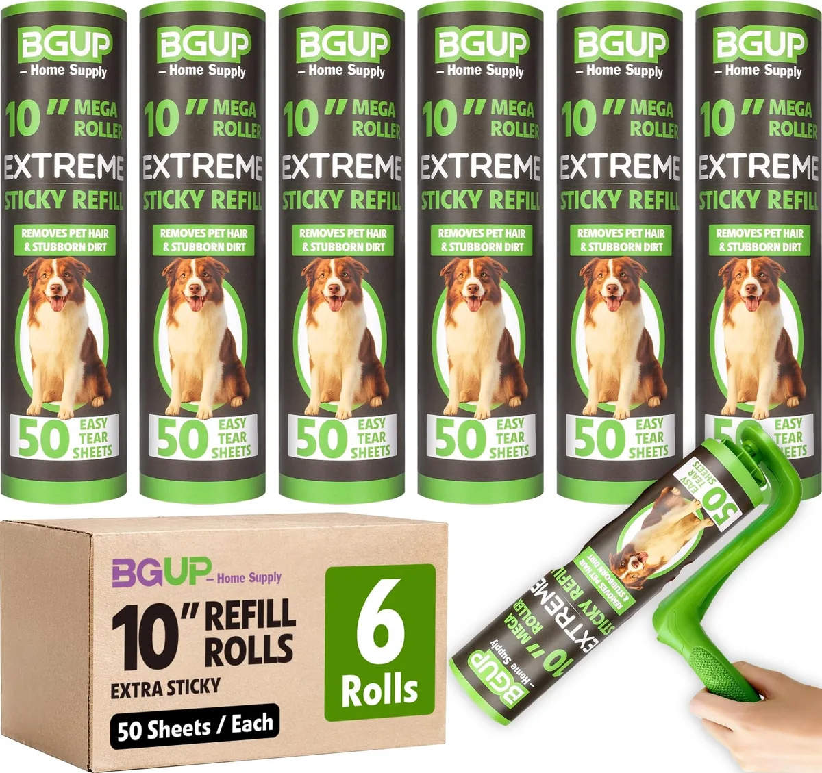 Six white lint-roller refill rolls in open cardboard box